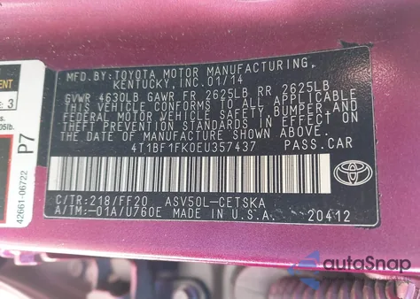 2014 Toyota Camry Se из США, поврежденный, VIN 4T1BF1FK0EU357437